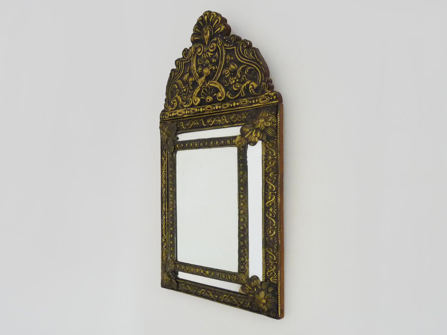 Victorian Style Mirror with Copper Beads Embossed on Wood, 1950s