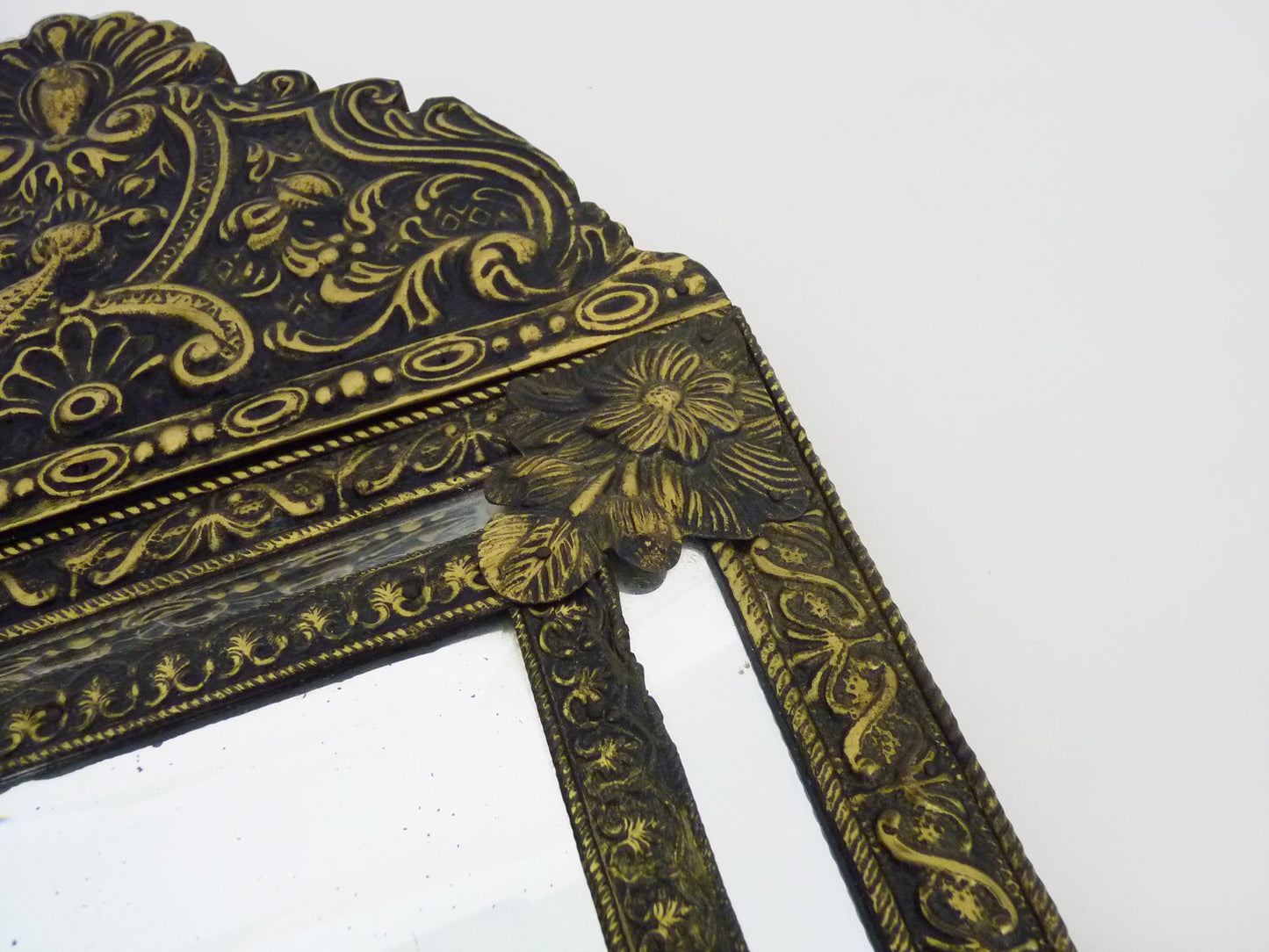 Victorian Style Mirror with Copper Beads Embossed on Wood, 1950s