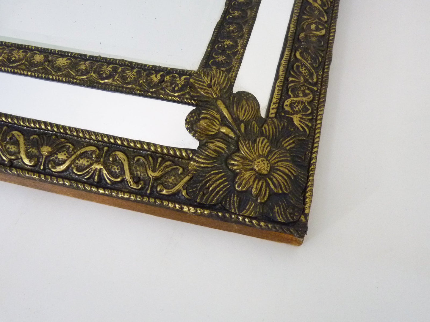 Victorian Style Mirror with Copper Beads Embossed on Wood, 1950s