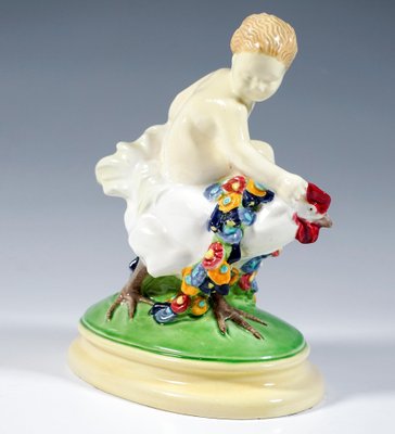 Vienna Art Ceramics Art Nouveau Figure Putto Riding a Rooster by Doblinger, 1910, 1890s-EMT-1704070