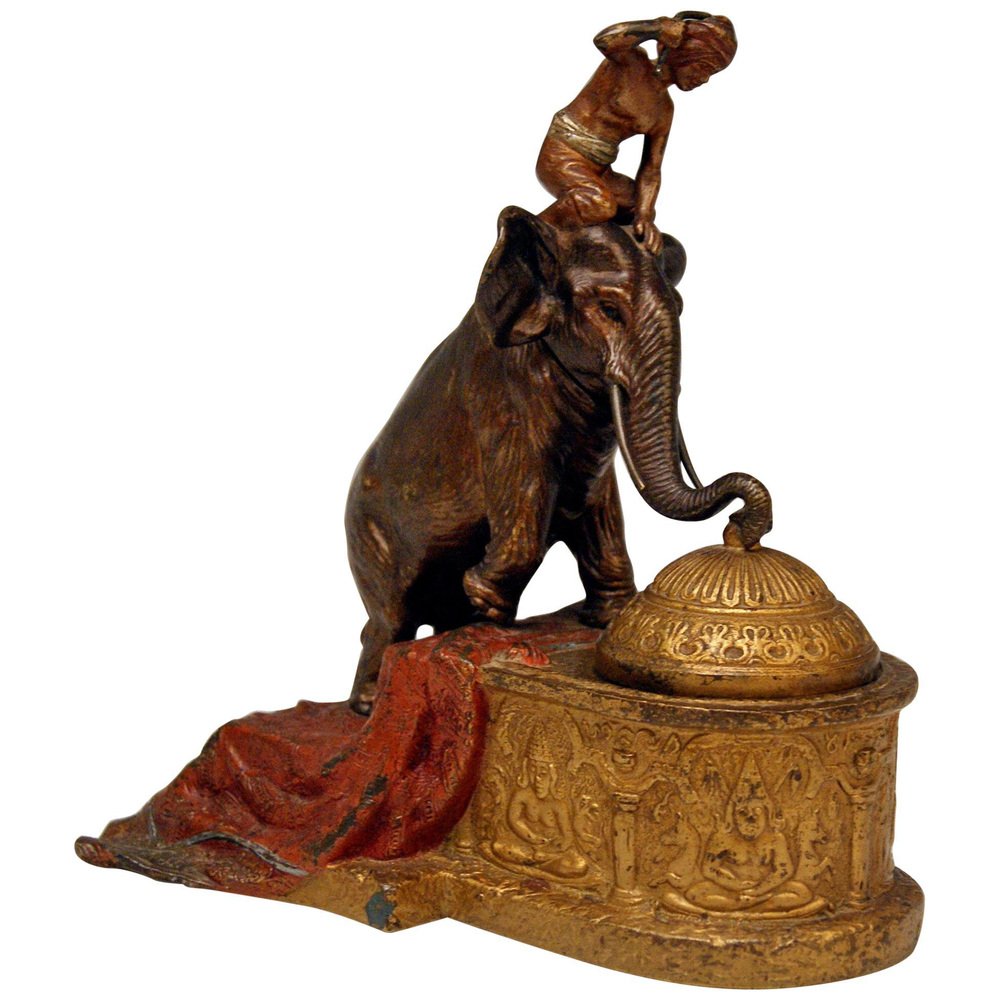 Vienna Bronze Indian Man on Elephant Inkpot from Bergman, 1880s