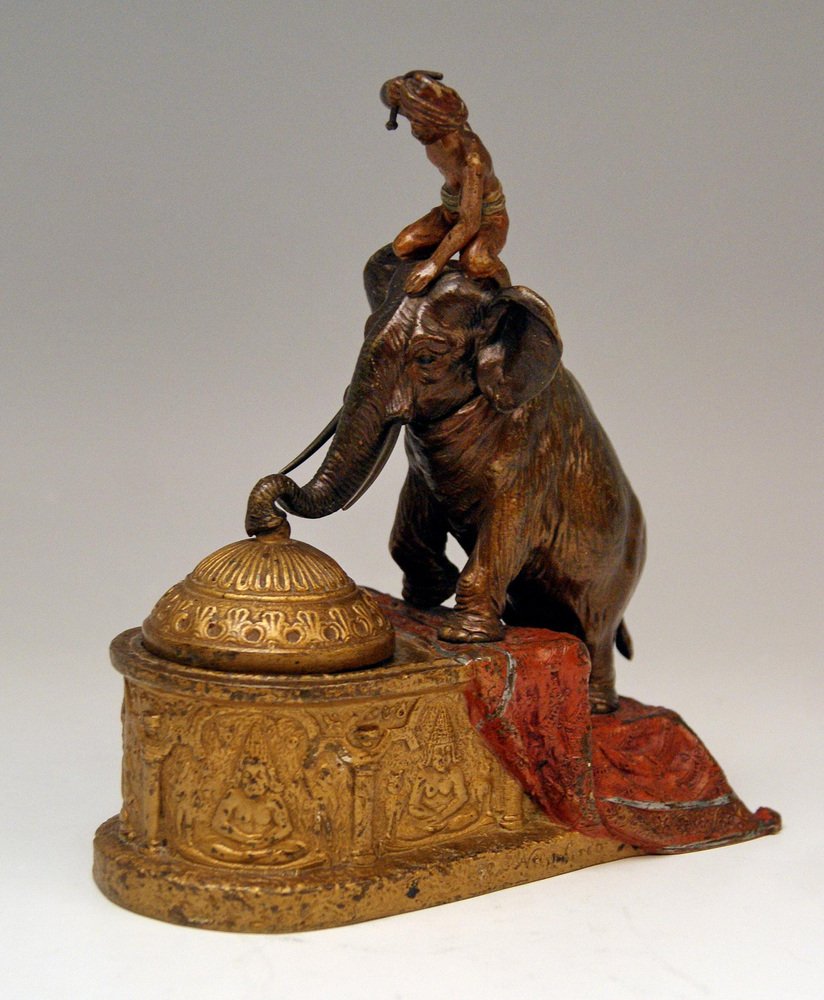 Vienna Bronze Indian Man on Elephant Inkpot from Bergman, 1880s