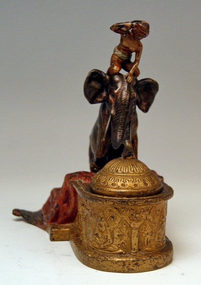 Vienna Bronze Indian Man on Elephant Inkpot from Bergman, 1880s