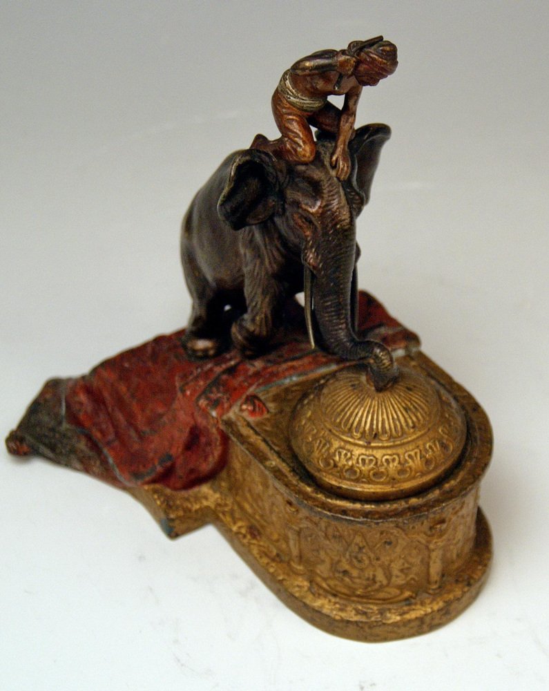 Vienna Bronze Indian Man on Elephant Inkpot from Bergman, 1880s