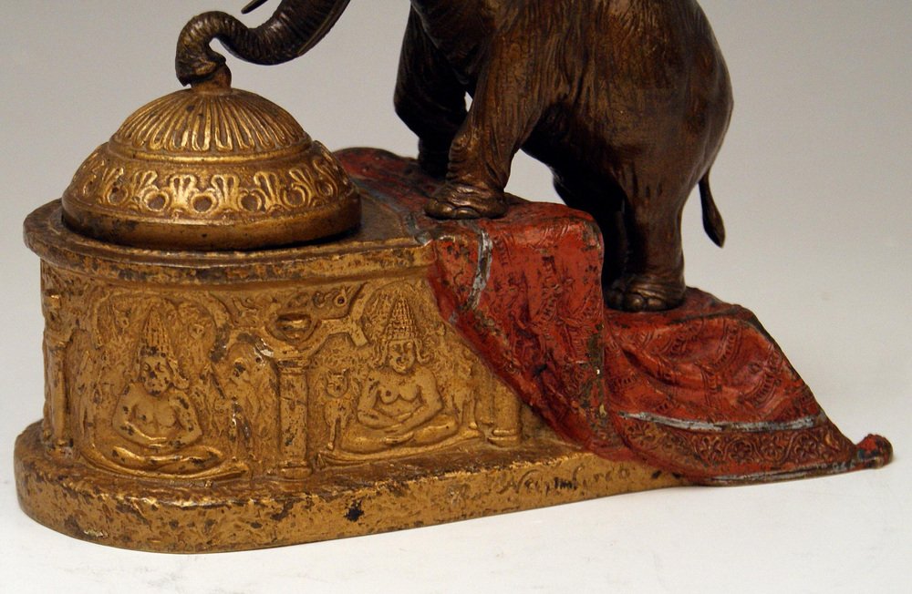 Vienna Bronze Indian Man on Elephant Inkpot from Bergman, 1880s