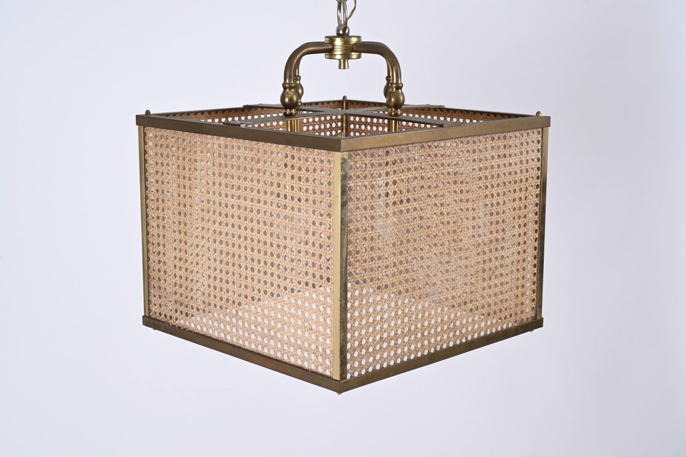 Vienna Straw Wicker, Glass Square & Brass Chandelier Lamp, Italy, 1950s