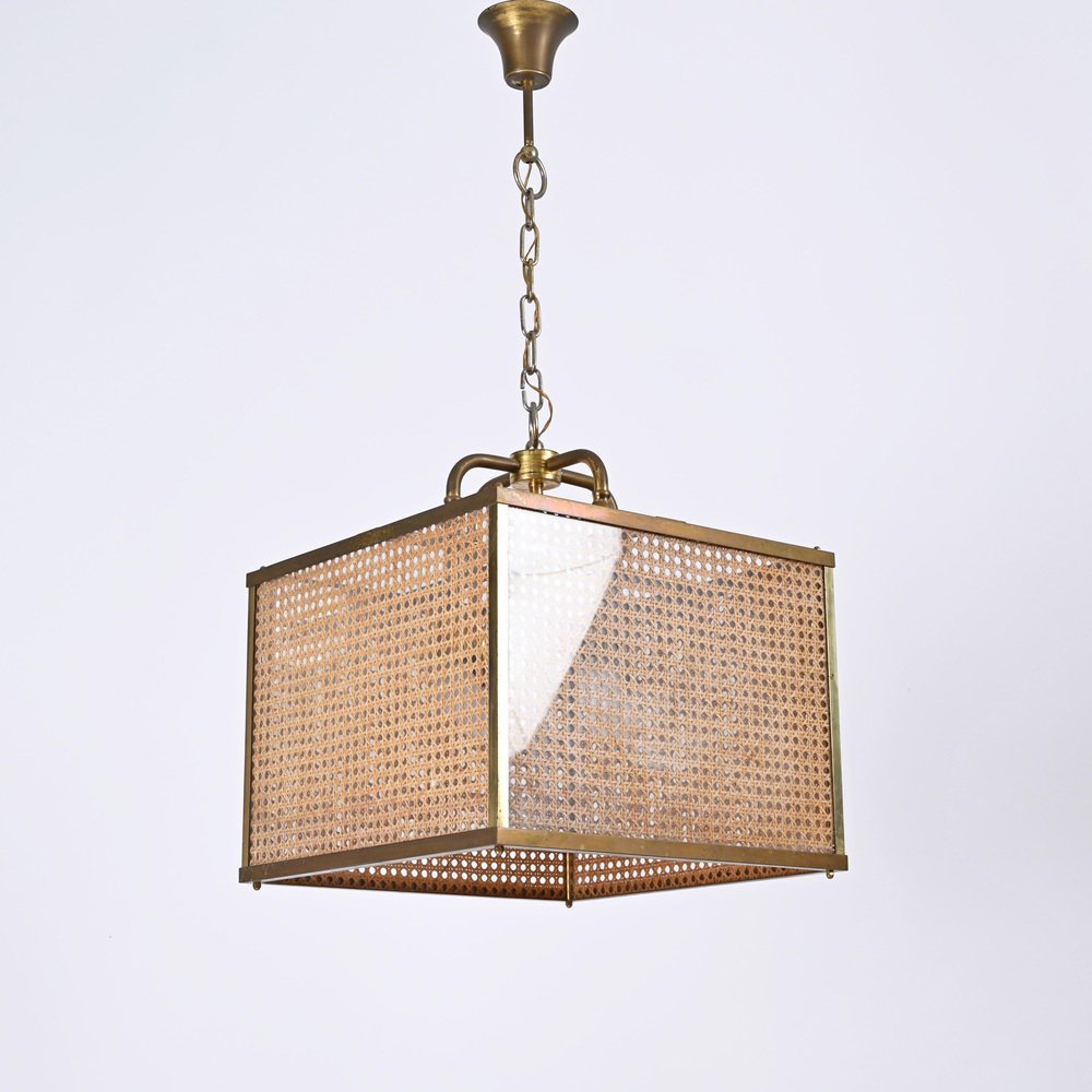 Vienna Straw Wicker, Glass Square & Brass Chandelier Lamp, Italy, 1950s