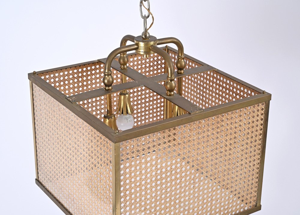 Vienna Straw Wicker, Glass Square & Brass Chandelier Lamp, Italy, 1950s