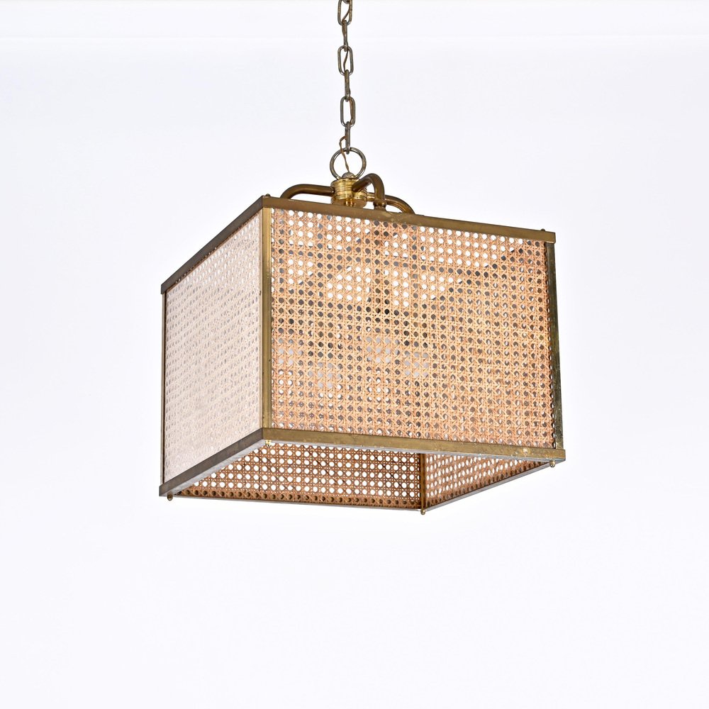 Vienna Straw Wicker, Glass Square & Brass Chandelier Lamp, Italy, 1950s