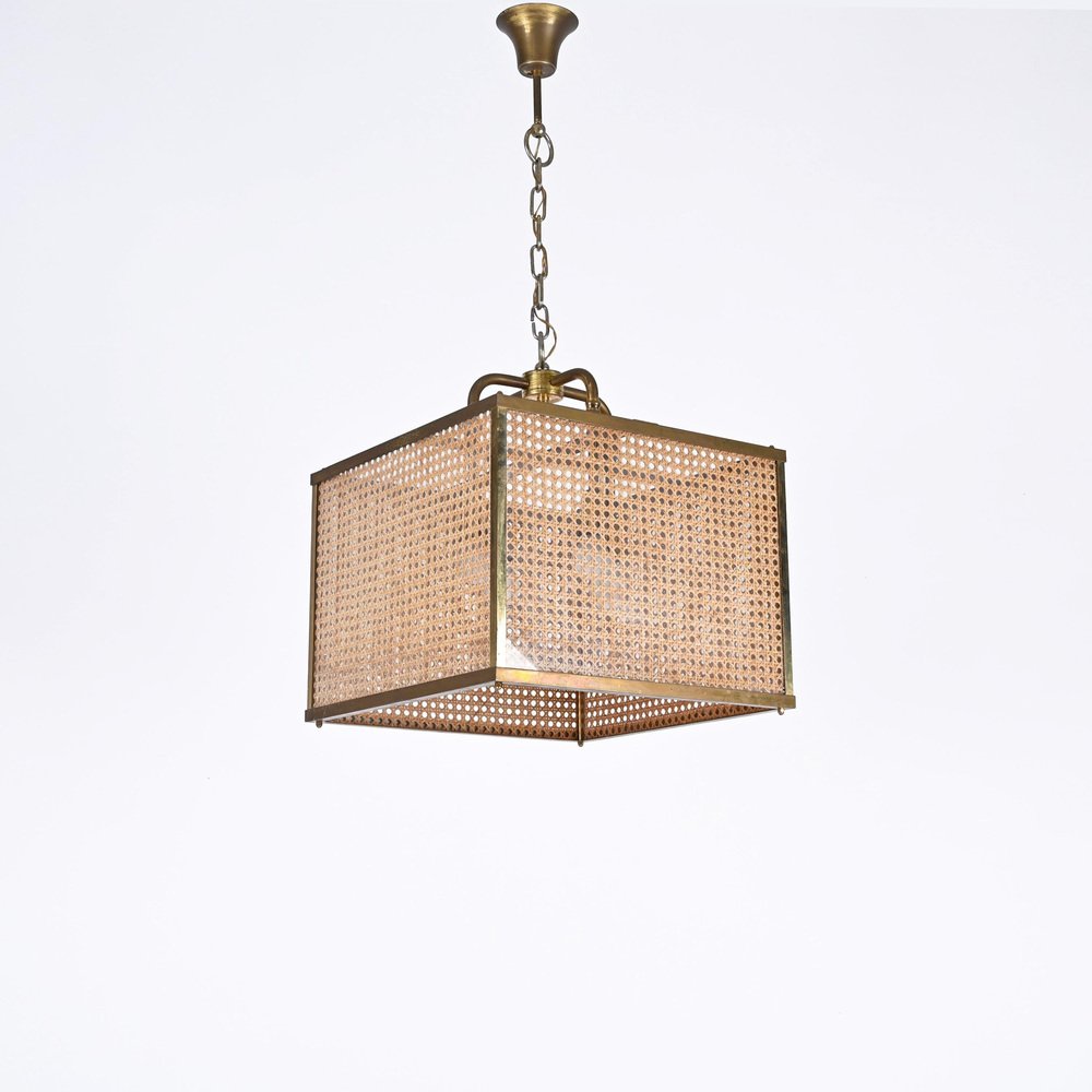 Vienna Straw Wicker, Glass Square & Brass Chandelier Lamp, Italy, 1950s