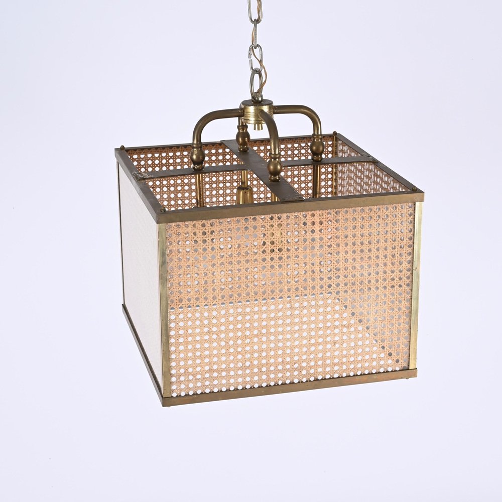 Vienna Straw Wicker, Glass Square & Brass Chandelier Lamp, Italy, 1950s