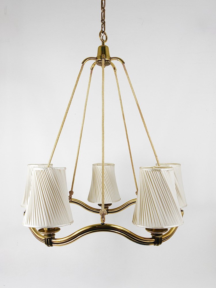 Viennese Modern Curved Brass Wave Chandelier, Austria, 1940s