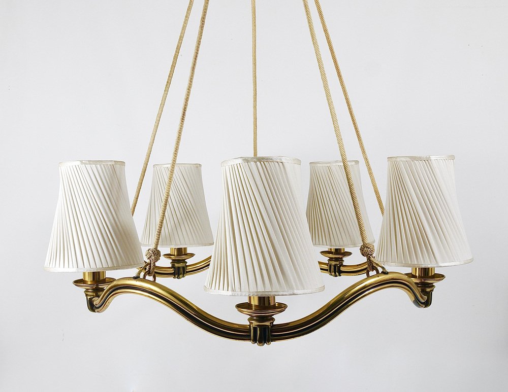 Viennese Modern Curved Brass Wave Chandelier, Austria, 1940s