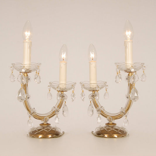 Viennese Regency Style Crystal & Gold Brass 2-Light Maria Theresa Table Lamps, Set of 2