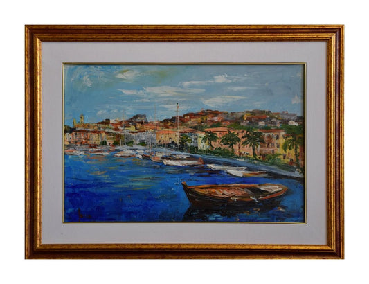 View f Porto S. Stefano (Italy) - Original Oil on Canvas by Luciano Sacco 1990s