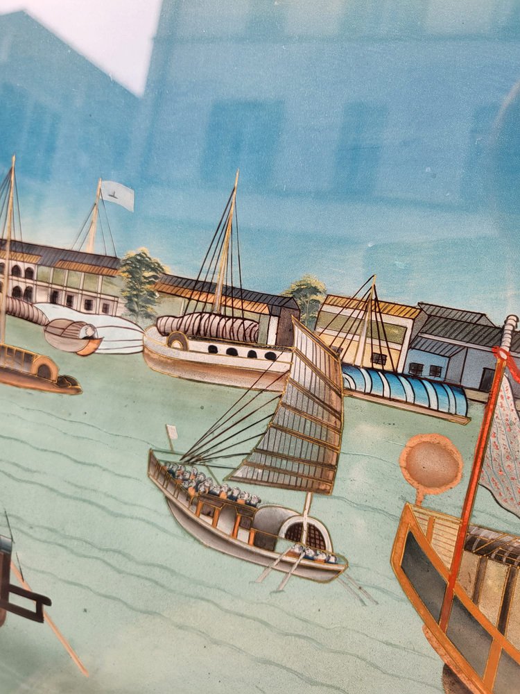 View of a Port in Asia, 20th Century, Reverse Glass Painting