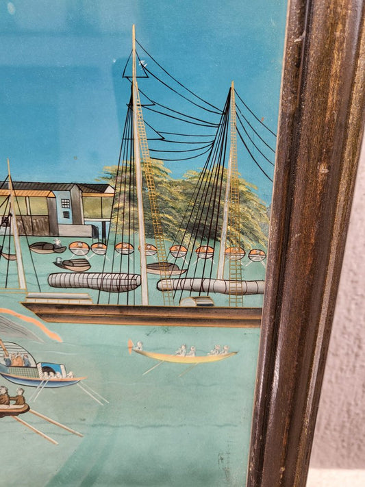 View of a Port in Asia, 20th Century, Reverse Glass Painting