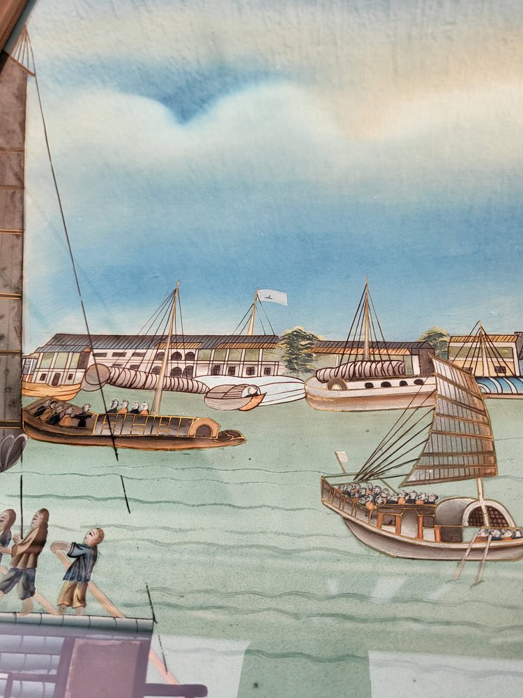 View of a Port in Asia, 20th Century, Reverse Glass Painting