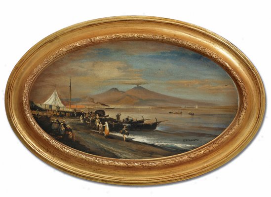 View of Naples, Posillipo School, Italy, Oil on Canvas, Framed-YUW-1299966