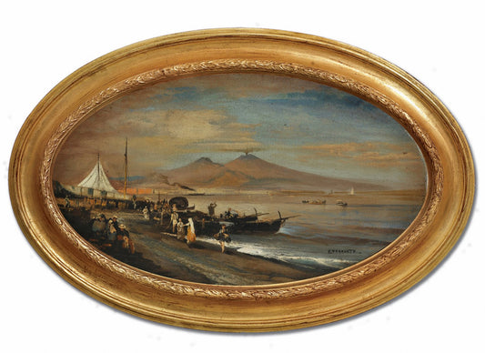 View of Naples, Posillipo School, Italy, Oil on Canvas, Framed