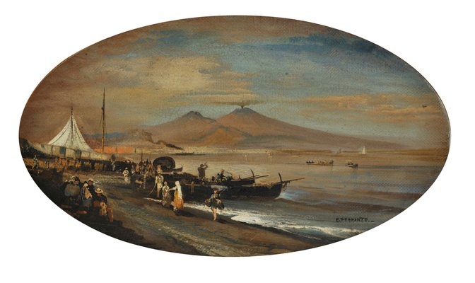 View of Naples, Posillipo School, Italy, Oil on Canvas, Framed-YUW-1299966