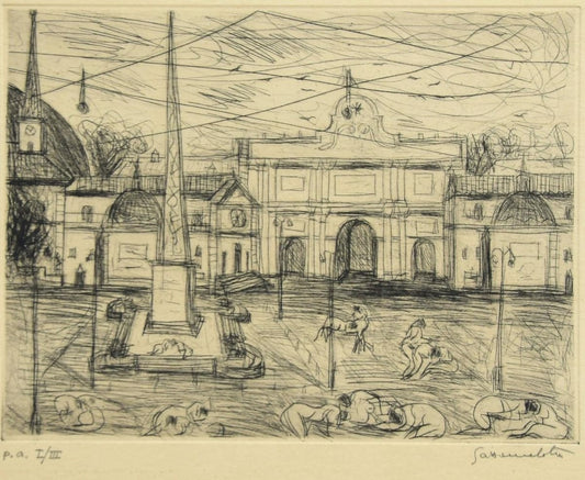 View of Piazza del Popolo, Rome - Etching by N. Gattamelata - Late 20th Century Late 20th Century