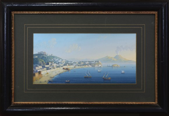 View of the Gulf of Naples, Italy, 1990s, Gouache on Cardboard, Framed-VHF-1257129