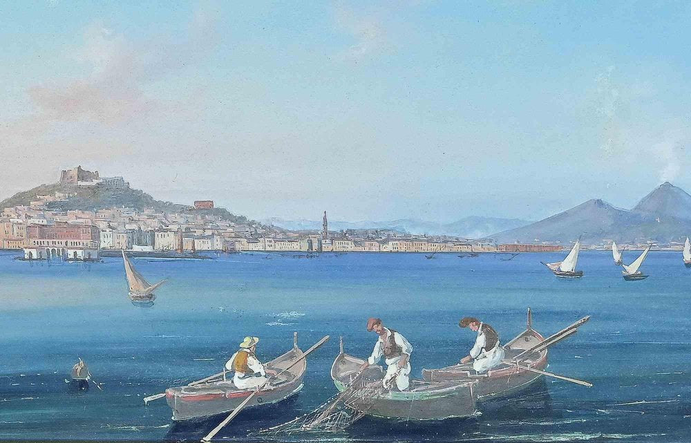 View of the Gulf of Naples with Vesuvius in the Background, Gouache, 19th-Century