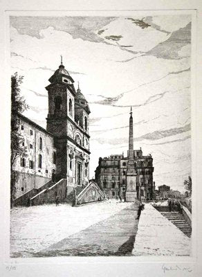 View of Trinità dé Monti (Rome, Italy) - Original Etching by G. Malandrino 1970s-ZCI-755010