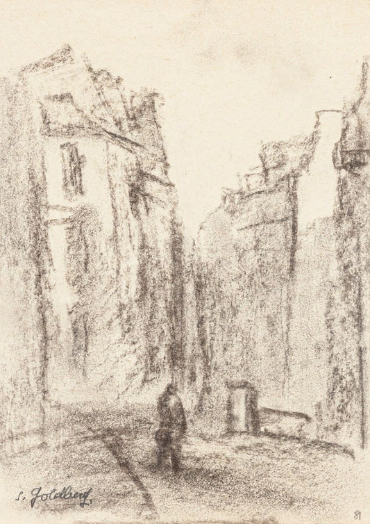 Village - Original Charcoal Drawing by S. Goldberg - Mid 20th Century Mid 20th Century