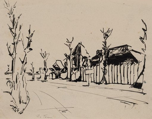 Village - Original Ink Drawing by E. De Tomi - 1947 1947-ZCI-761858