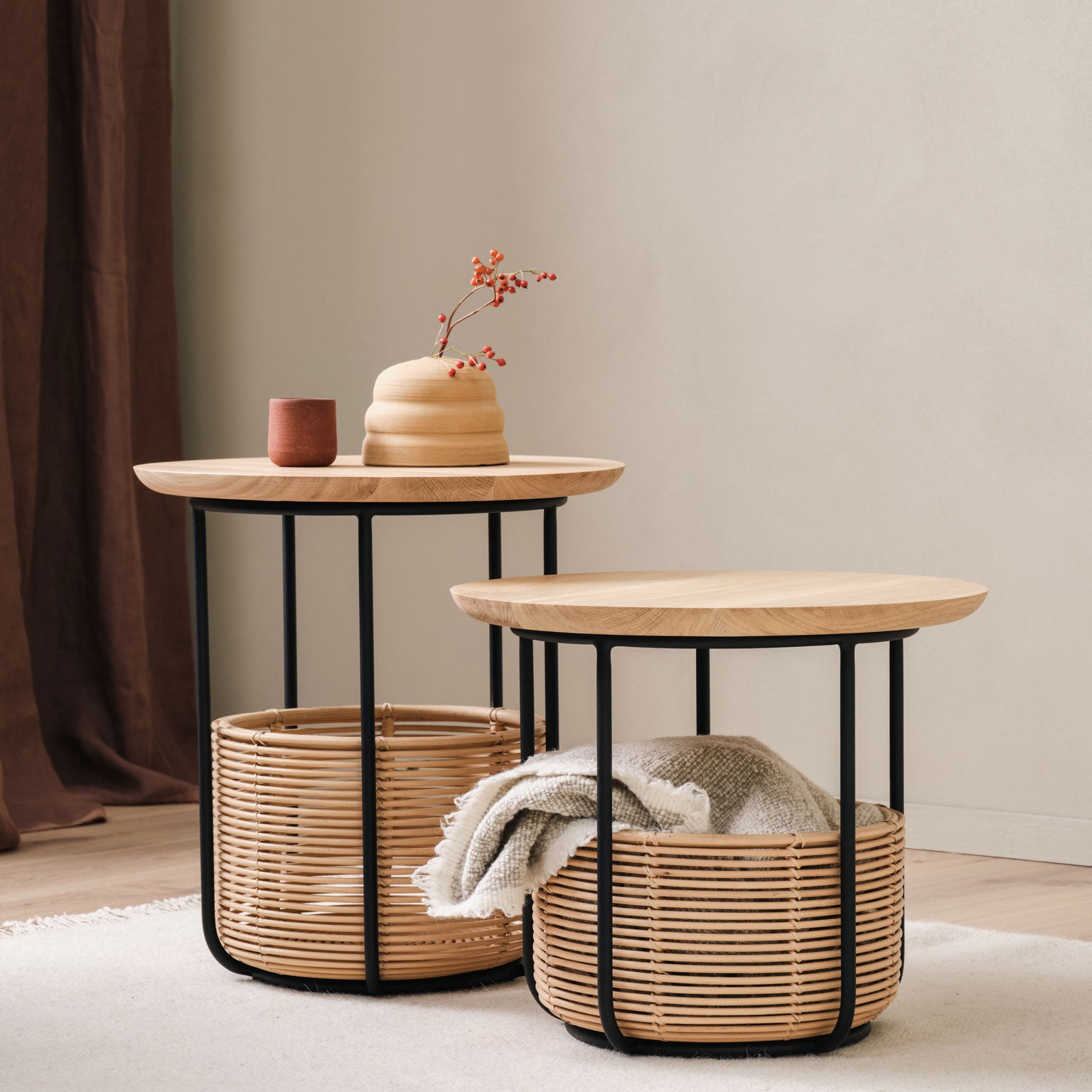 Round Coffee Table With Oak Top And Rattan Basket by Vincent Sheppard