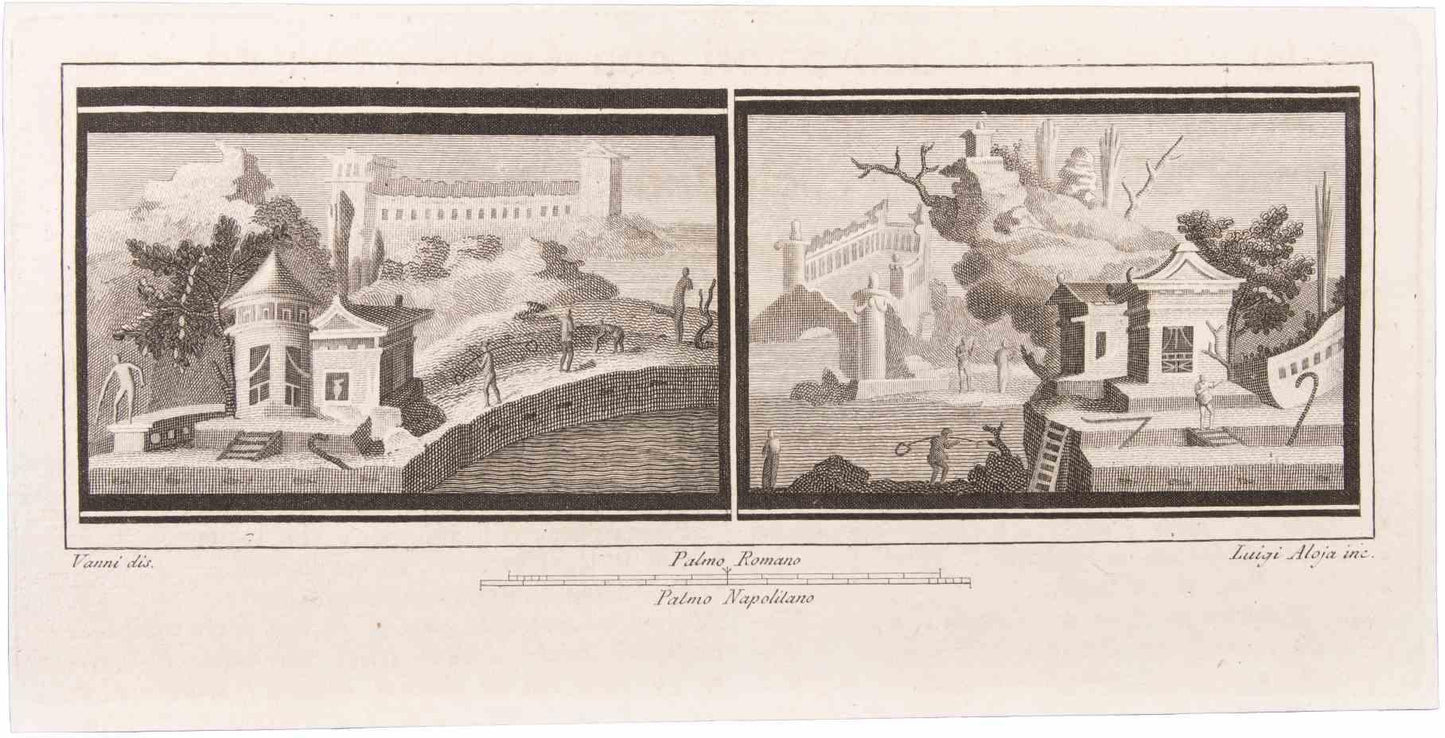 Vincenzo Aloja, Landscapes with Monuments, Etching, 18th Century