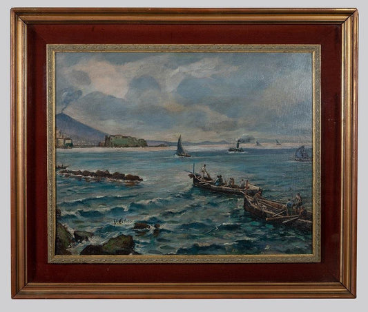 Vincenzo Colucci - Boats Fishing In the Naples - Oil Painting - Mid-20th Century