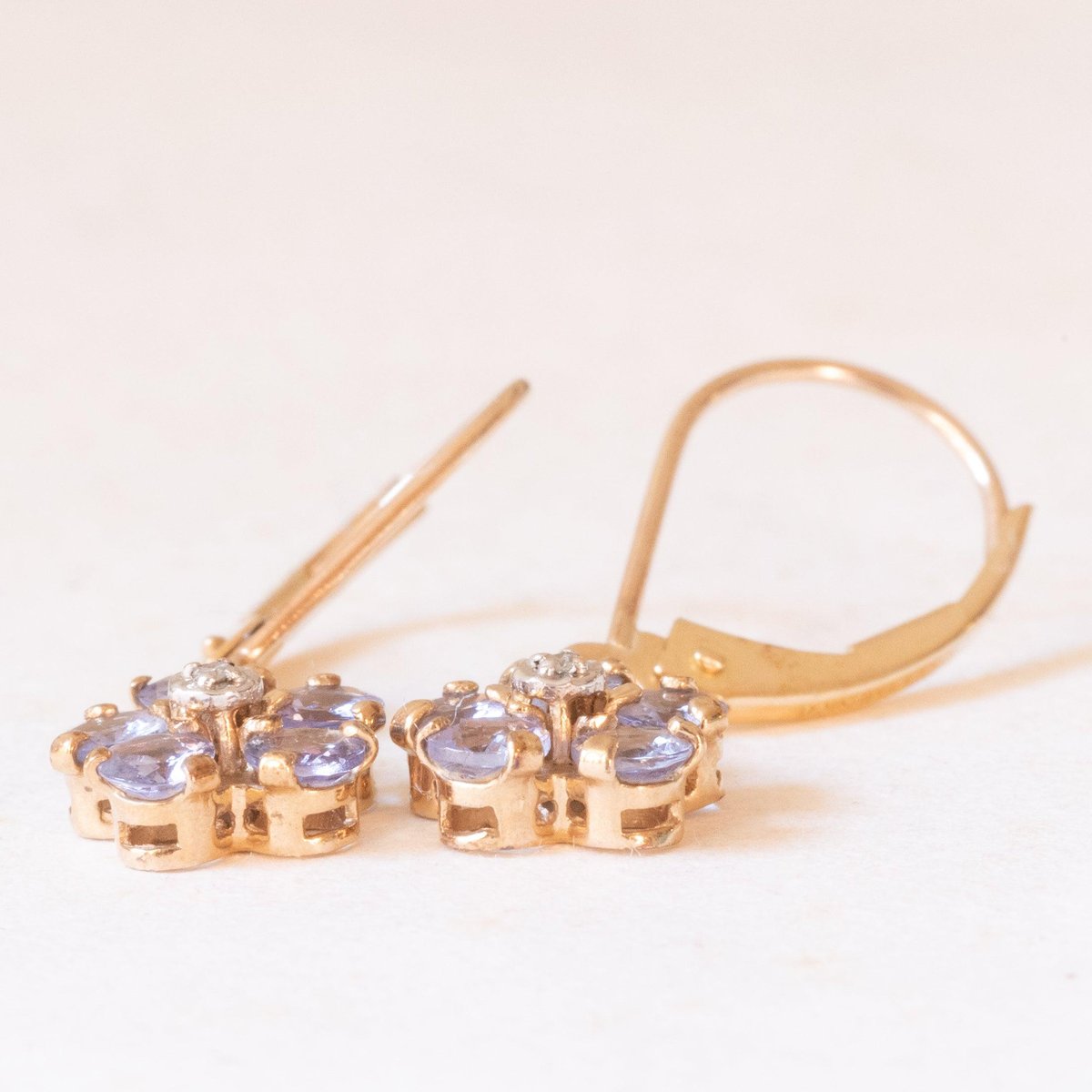 Vintage 10k Yellow and White Gold Earrings with Tanzanites and Diamonds, Set of 2