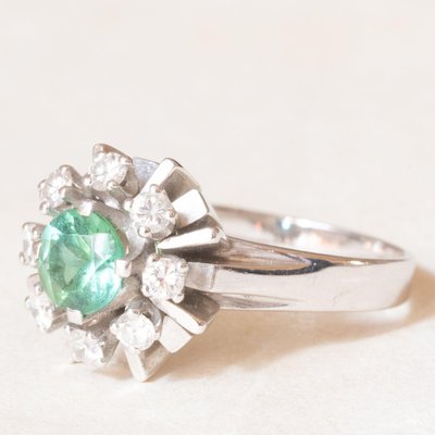 Vintage 14k White Gold Daisy Ring with Green Tourmaline and Brilliant Cut Diamonds, 1970s-PPA-2022344