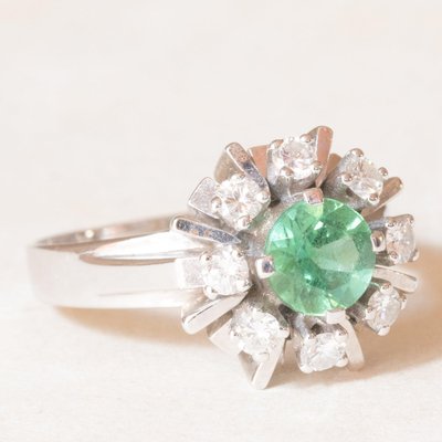 Vintage 14k White Gold Daisy Ring with Green Tourmaline and Brilliant Cut Diamonds, 1970s-PPA-2022344