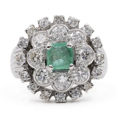 Vintage 14k White Gold Ring with Emerald and Diamonds, 1960s-PPA-2028682