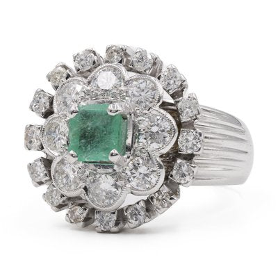 Vintage 14k White Gold Ring with Emerald and Diamonds, 1960s-PPA-2028682