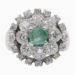 Vintage 14k White Gold Ring with Emerald and Diamonds, 1960s-PPA-2028682