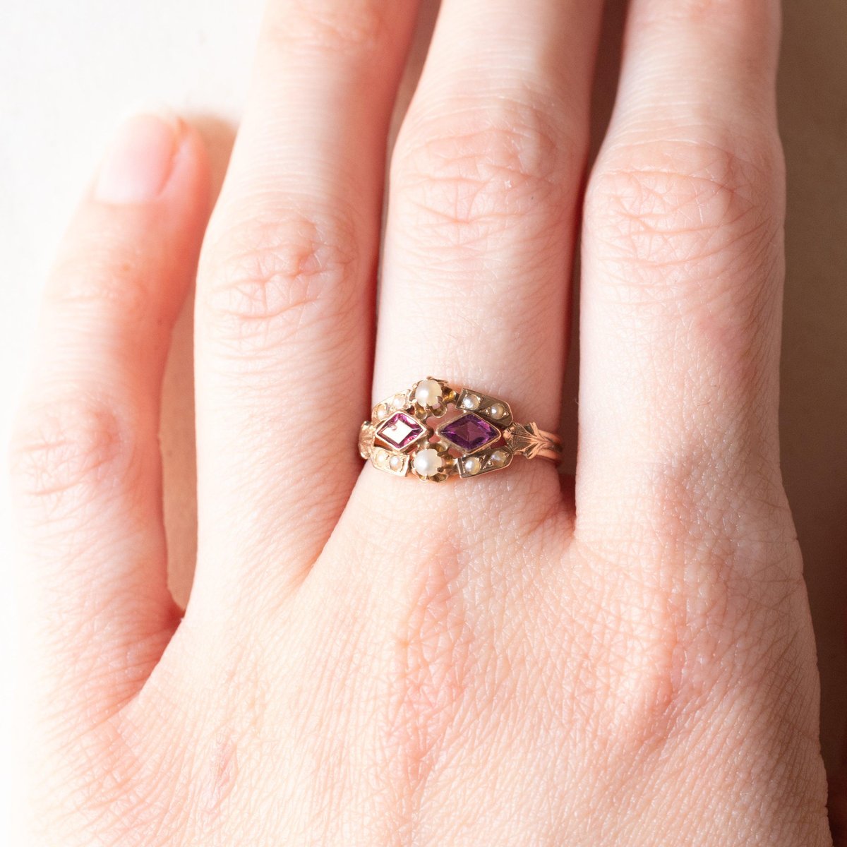 Vintage 14k Yellow Gold Ring with Amethysts and White Beads, 1950s