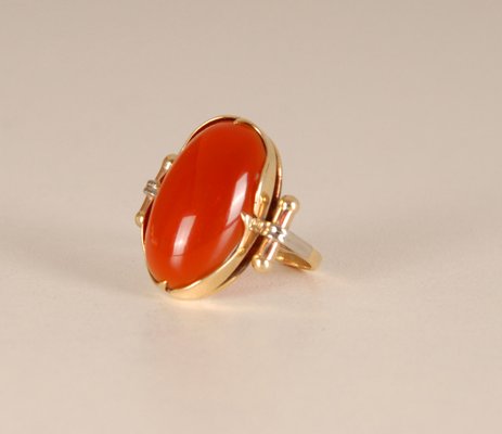 Vintage 14K Yellow Gold Statement Ring with Carnelian Agate Stone Cabochon Cut and White Gold Accent-GOE-960972