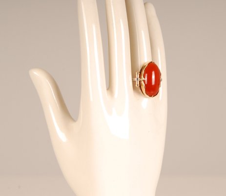 Vintage 14K Yellow Gold Statement Ring with Carnelian Agate Stone Cabochon Cut and White Gold Accent-GOE-960972