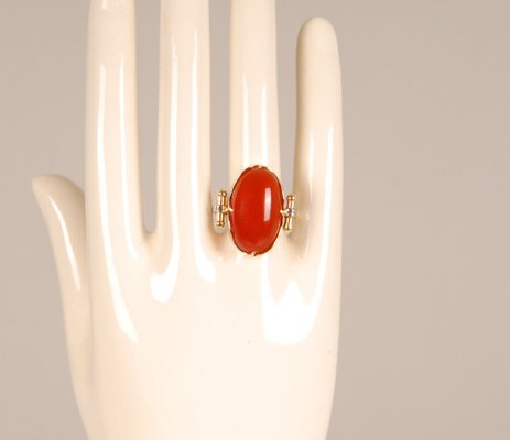 Vintage 14K Yellow Gold Statement Ring with Carnelian Agate Stone Cabochon Cut and White Gold Accent-GOE-960972