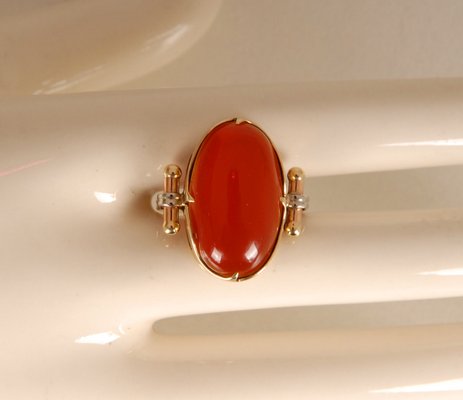 Vintage 14K Yellow Gold Statement Ring with Carnelian Agate Stone Cabochon Cut and White Gold Accent-GOE-960972