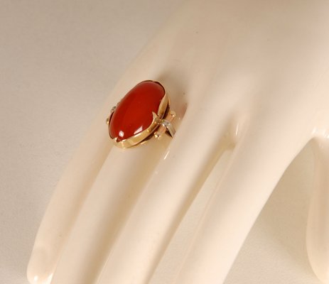 Vintage 14K Yellow Gold Statement Ring with Carnelian Agate Stone Cabochon Cut and White Gold Accent-GOE-960972