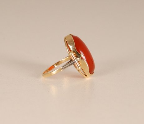 Vintage 14K Yellow Gold Statement Ring with Carnelian Agate Stone Cabochon Cut and White Gold Accent-GOE-960972