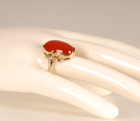 Vintage 14K Yellow Gold Statement Ring with Carnelian Agate Stone Cabochon Cut and White Gold Accent-GOE-960972