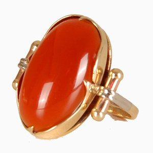 Vintage 14K Yellow Gold Statement Ring with Carnelian Agate Stone Cabochon Cut and White Gold Accent-GOE-960972