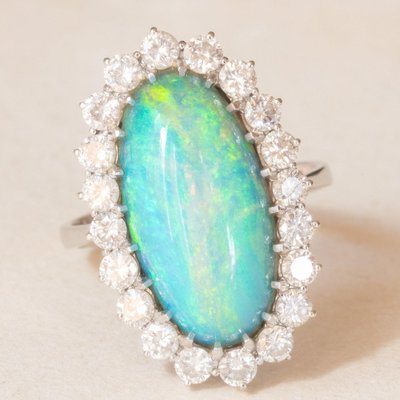 Vintage 18k White Gold Daisy Ring with Doublet Opal and Brilliant Cut Diamonds, 1960s-PPA-2036553